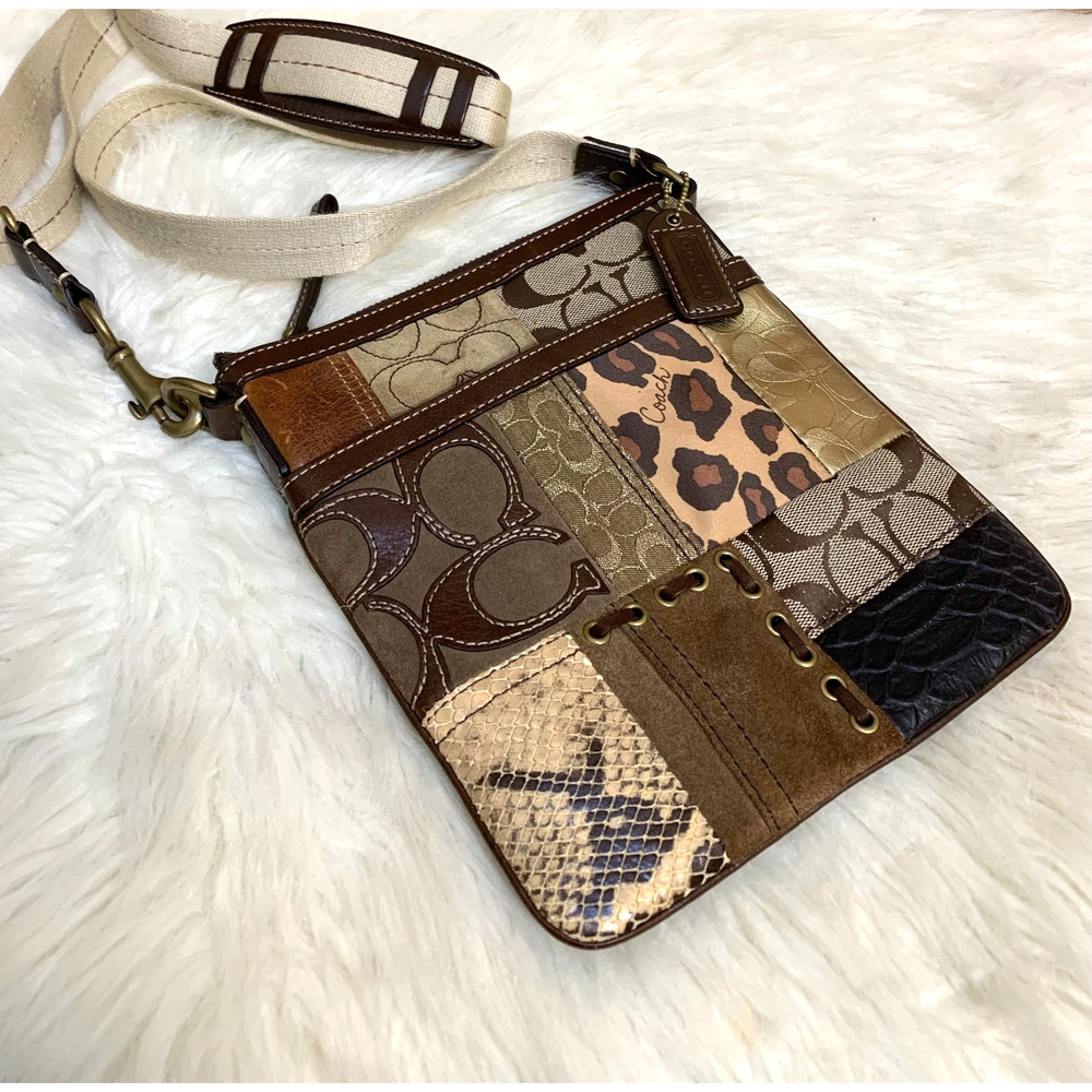 COACH Gallery Patchwork Multi-Texture Swing Pack Crossbody #40916 Brown Gold Tan - Picture 5 of 15